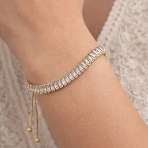 Gold 925 Plated Baguette Tennis Bracelet Made With Swarovski Crystals New
